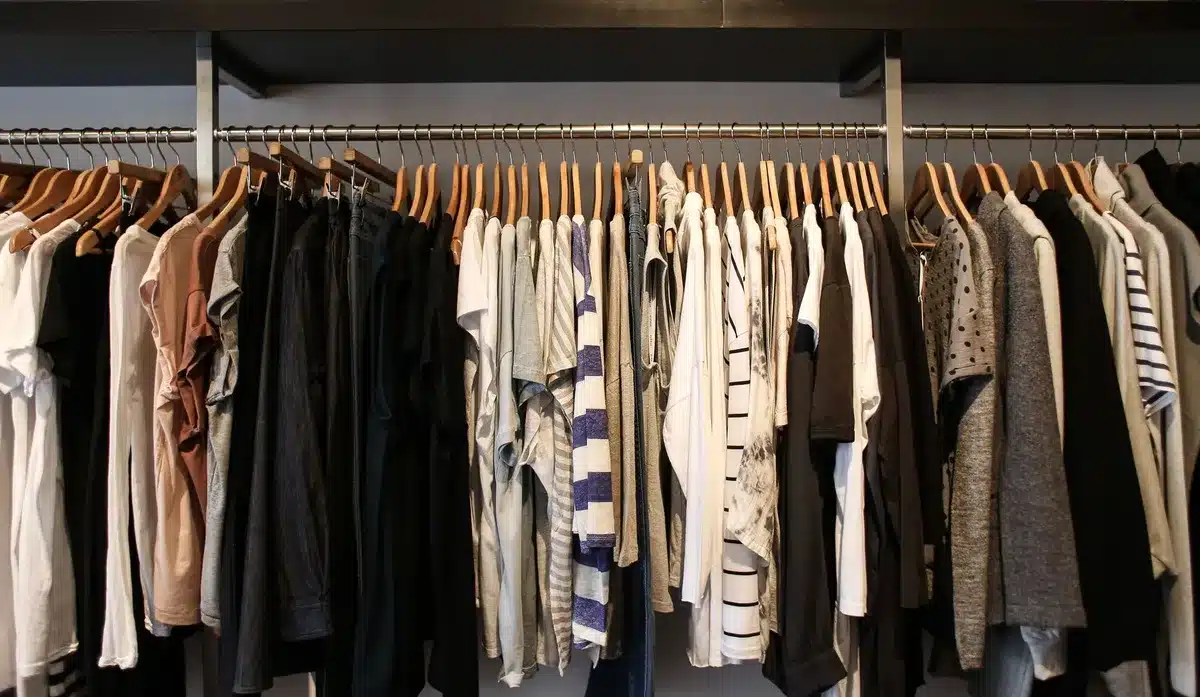 Tenues neutres et basiques de garde-robe disposées sur une surface claire