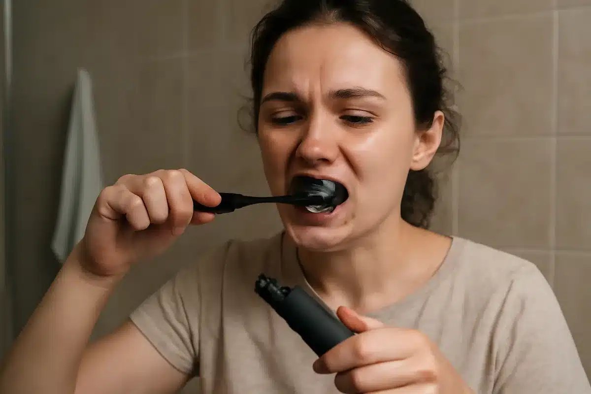 Pourquoi le dentifrice au charbon attire-t-il autant ? — La couleur noire suscite la curiosité et donne l’impression d’un nettoyage profond. Sur les photos, la mousse sombre semble emporter les taches de café ou de vin, ce qui alimente la viralité