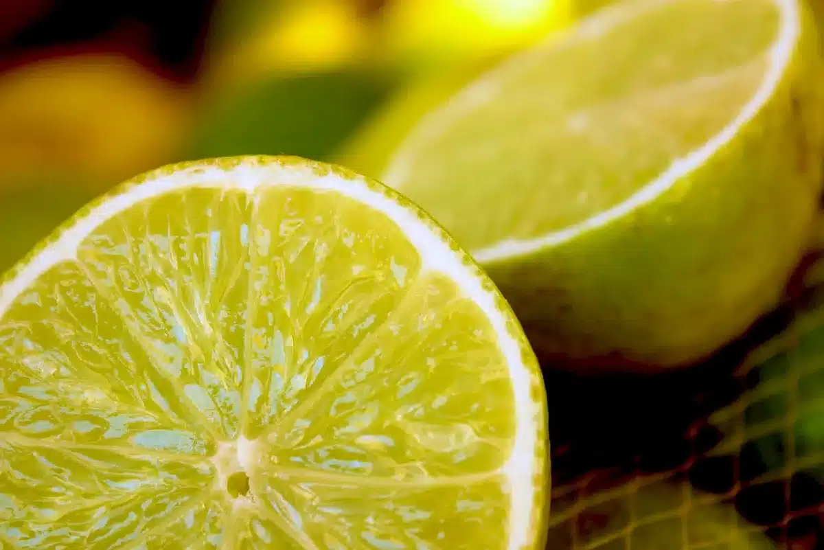 Tranches fines de navet dans une assiette avec citron et noisettes