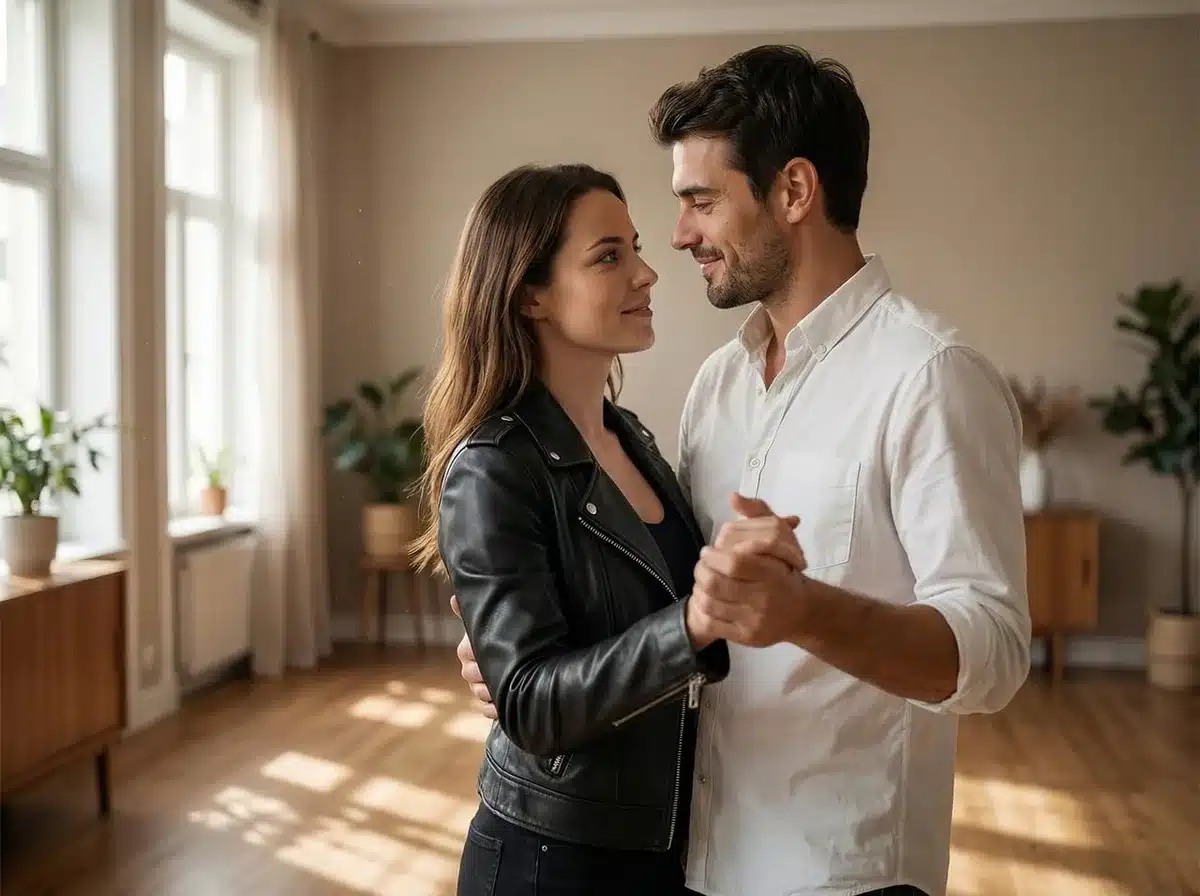 Couple assis qui discute calmement dans un salon, moment de r&eacute;paration