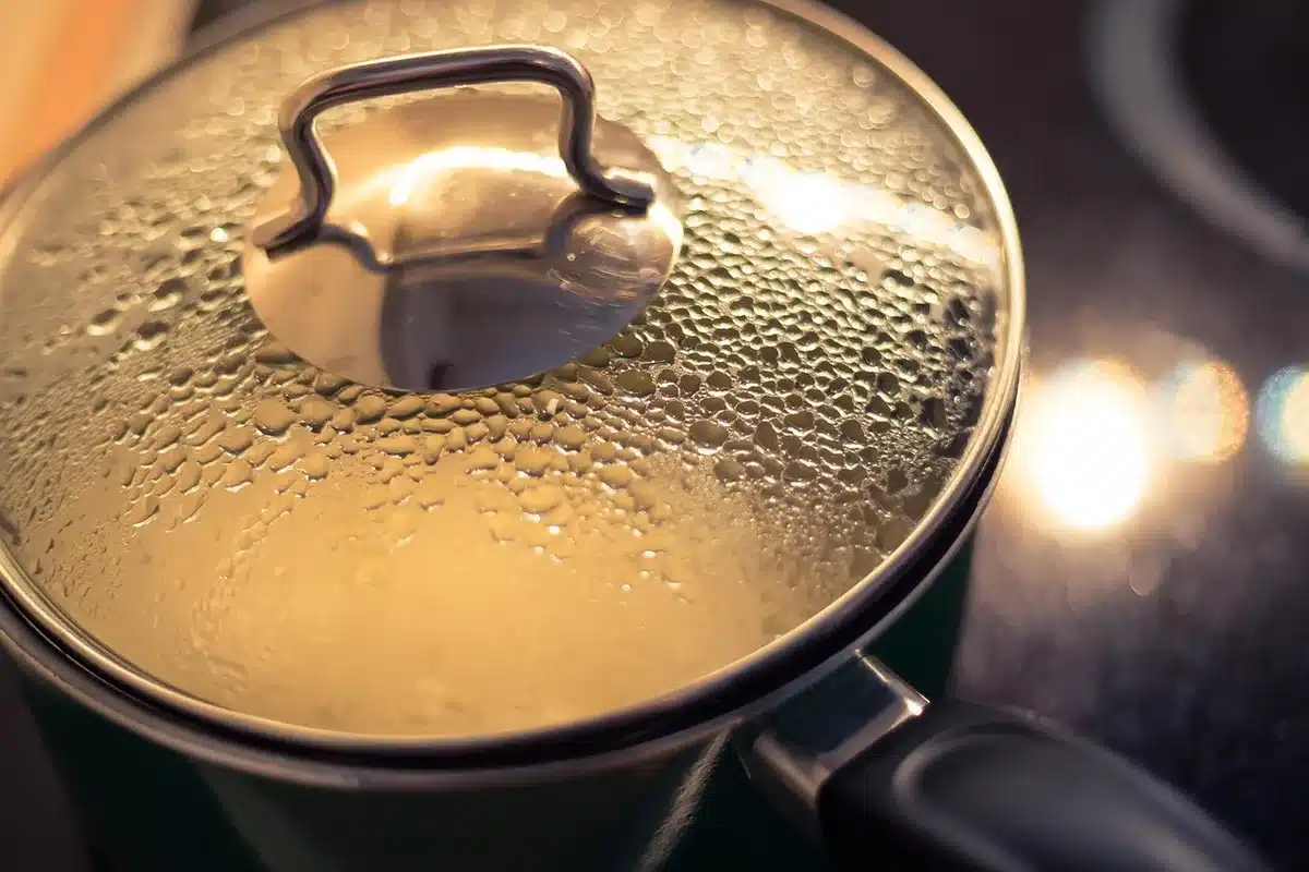 Blettes plongées dans une grande casserole d'eau bouillante pour un blanchiment rapide