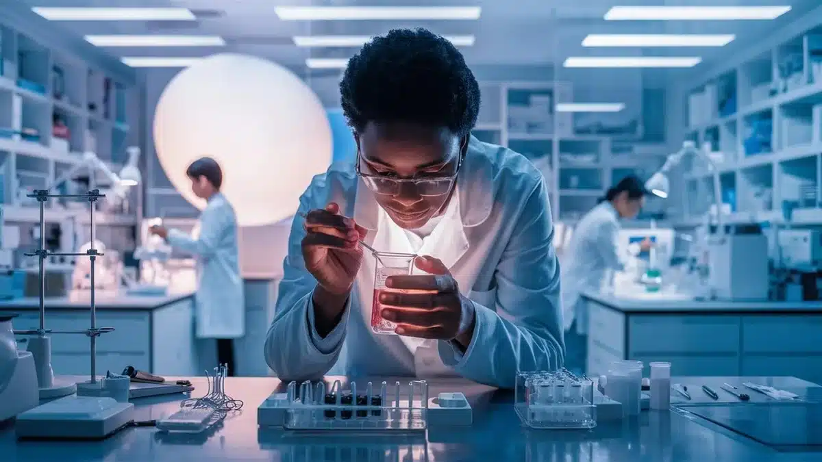 Main de chercheur manipulant une pipette en laboratoire de génétique