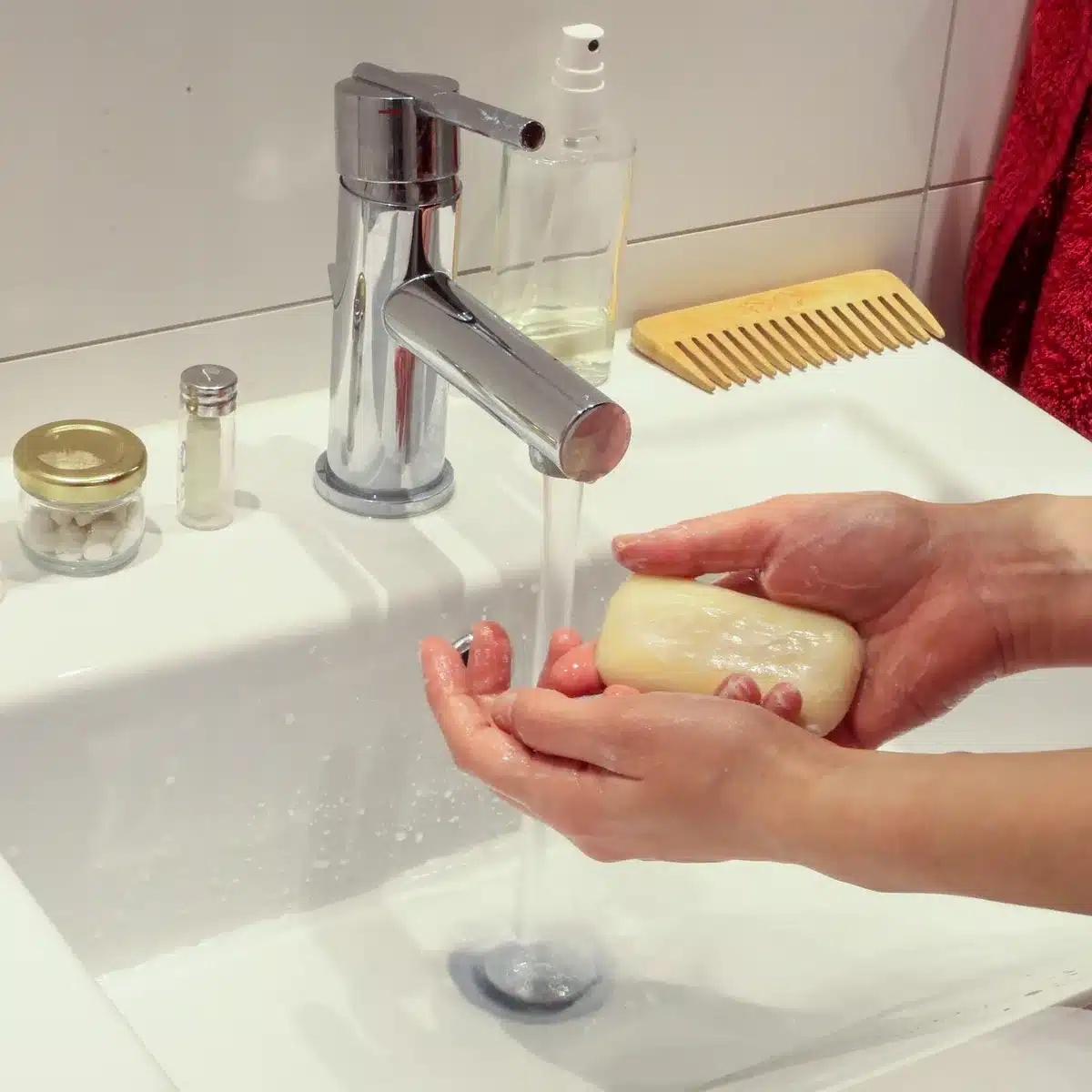 Flacon de solution topique et mains appliquant produit près d'un lavabo en journée